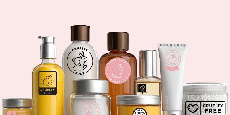 A line up of assorted cosmetic bottles all with generic cruelty-free labels on them.